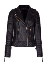 Front view of women’s diamond quilted biker leather jacket