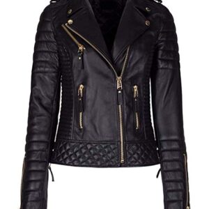 Front view of women’s diamond quilted biker leather jacket