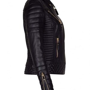 Side profile of women’s quilted leather riding jacket