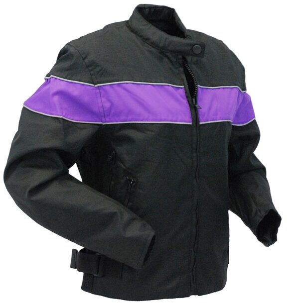Side profile of purple stripe riding jacket