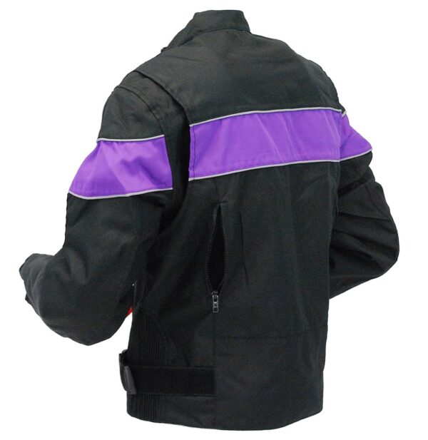 Back view of women’s biker jacket with purple Sripe