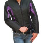 Women’s purple trim leather motorcycle jacket front view