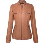 Women's brown leather motorcycle jacket