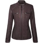 Women's dark brown leather motorcycle jacket