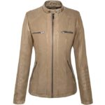 Women's khaki real leather motorcycle jacket