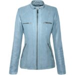 Sky blue zipper closure leather jacket for women