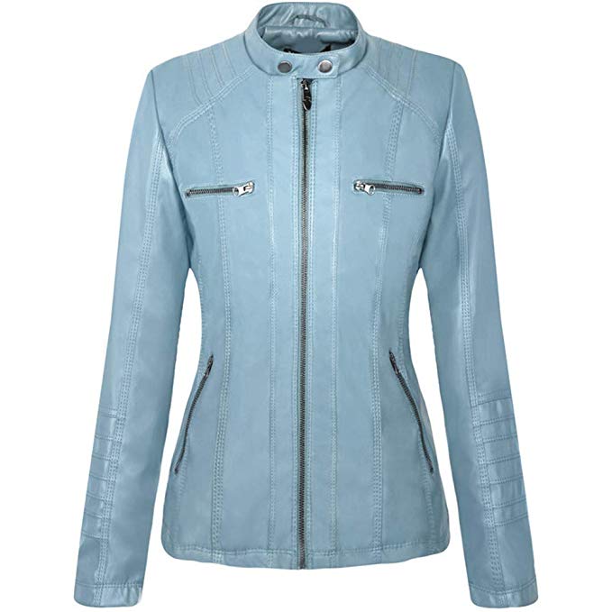 Sky blue zipper closure leather jacket for women Sky blue zipper closure leather jacket for women