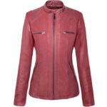 Women's wine red real leather motorcycle jacket