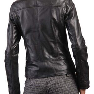 Back view of slim fit women's biker leather jacket