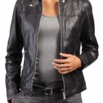 Women slim fit biker real leather jacket front view