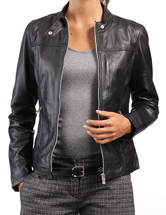 Women slim fit biker real leather jacket front view Women slim fit biker real leather jacket front view