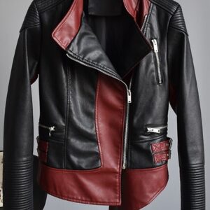 Burgundy punk bomber leather jacket with asymmetric zipper front
