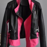 Rose red punk bomber leather jacket with asymmetrical front zipper