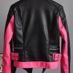 Back of rose red leather material and silver zipper accents