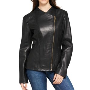 Women's Asymmetrical Cut Black Color Leather Jacket