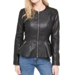 Women's Black Color Peplum Leather Jacket