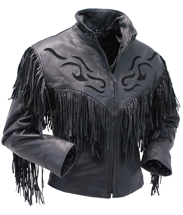 womens-black-fringed-leather-jacket-with-inlays (2) Women's Black Fringed Leather Jacket with Inlays - Image 1