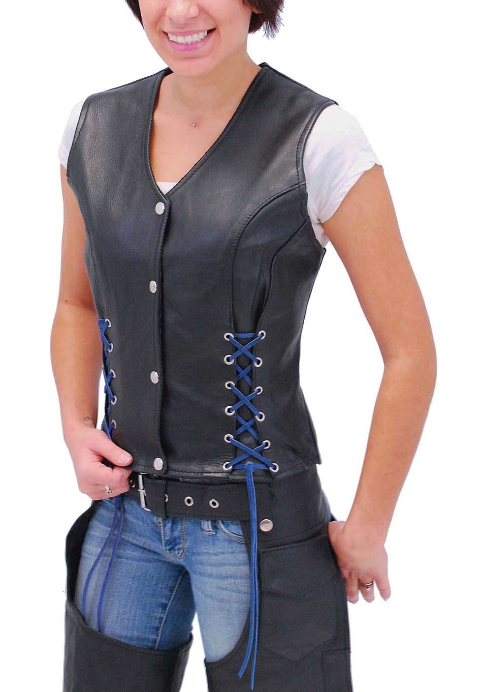 womens-black-leather-vest-with-blue-color-corset-lacing (1) Women's Black Leather Vest With Blue Color Corset Lacing - Image 1