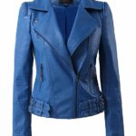 Front view of blue leather biker jacket for women with lapel collar