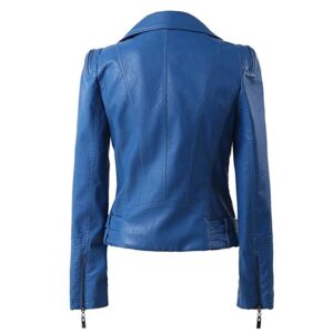 Back view of fitted womens blue leather moto jacket with belt detail