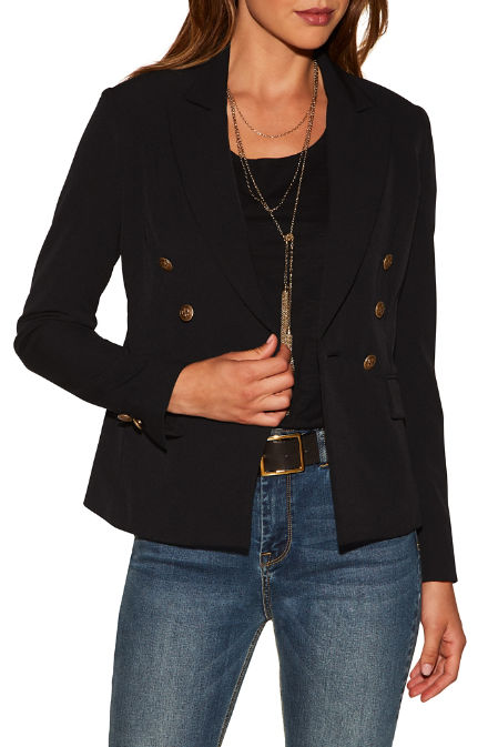 womens-crepe-double-breasted-black-blazer Women's Crepe Double-Breasted Black Blazer - Image 1