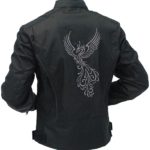 Intricate embroidery on women's motorcycle jacket