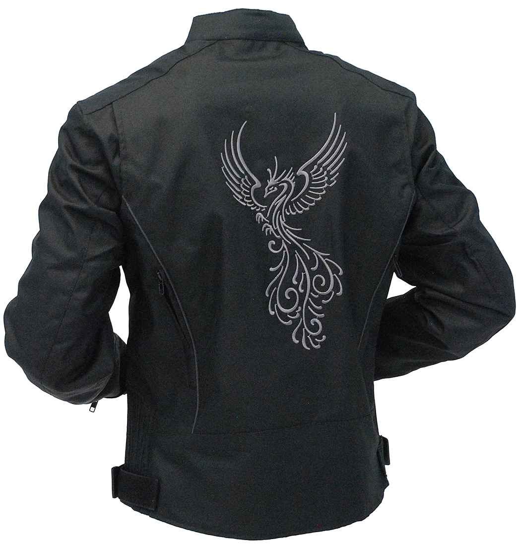 Intricate embroidery on women's motorcycle jacket Intricate embroidery on women's motorcycle jacket