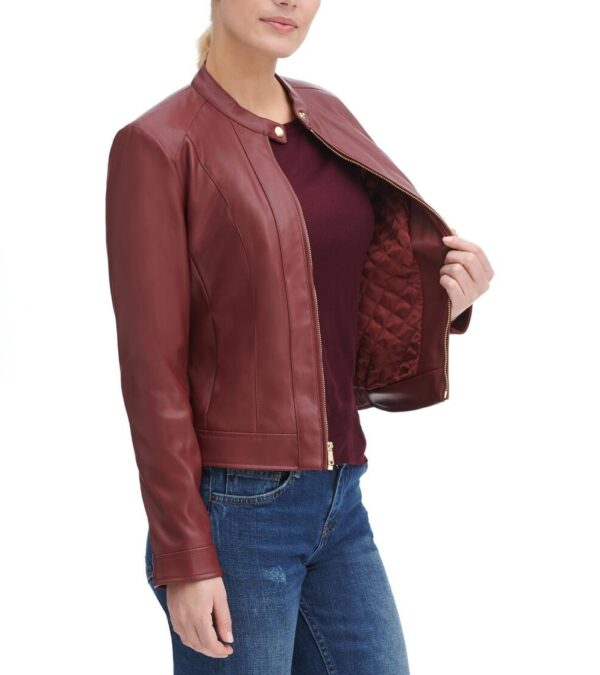 Women's Front Zip Red Leather Jacket - Image 3