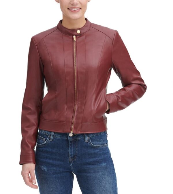 Women's Front Zip Red Leather Jacket - Image 4