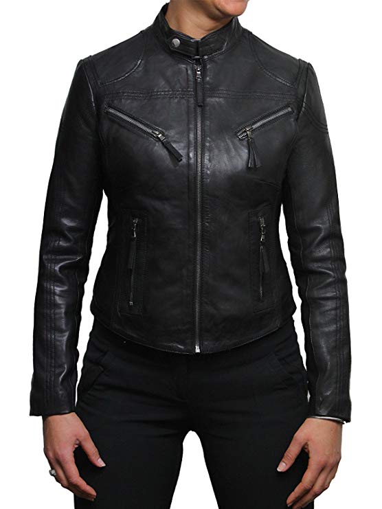 Women's genuine biker leather jacket front view Women's genuine biker leather jacket front view