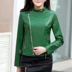 Women's Green Color Studded Leather Jacket