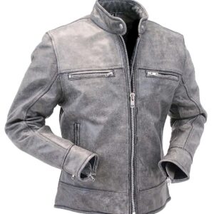 Side view vintage gray leather motorcycle jacket