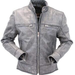 Women's hand painted vintage gray motorcycle jacket front view