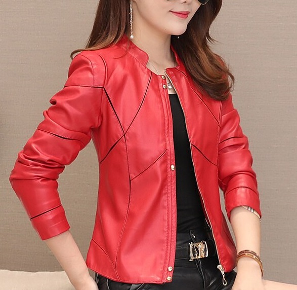 Women's red slim biker jacket with zipper Women's red slim biker jacket with zipper