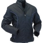 Front view of women's moto jacket with zip closure and fitted waist