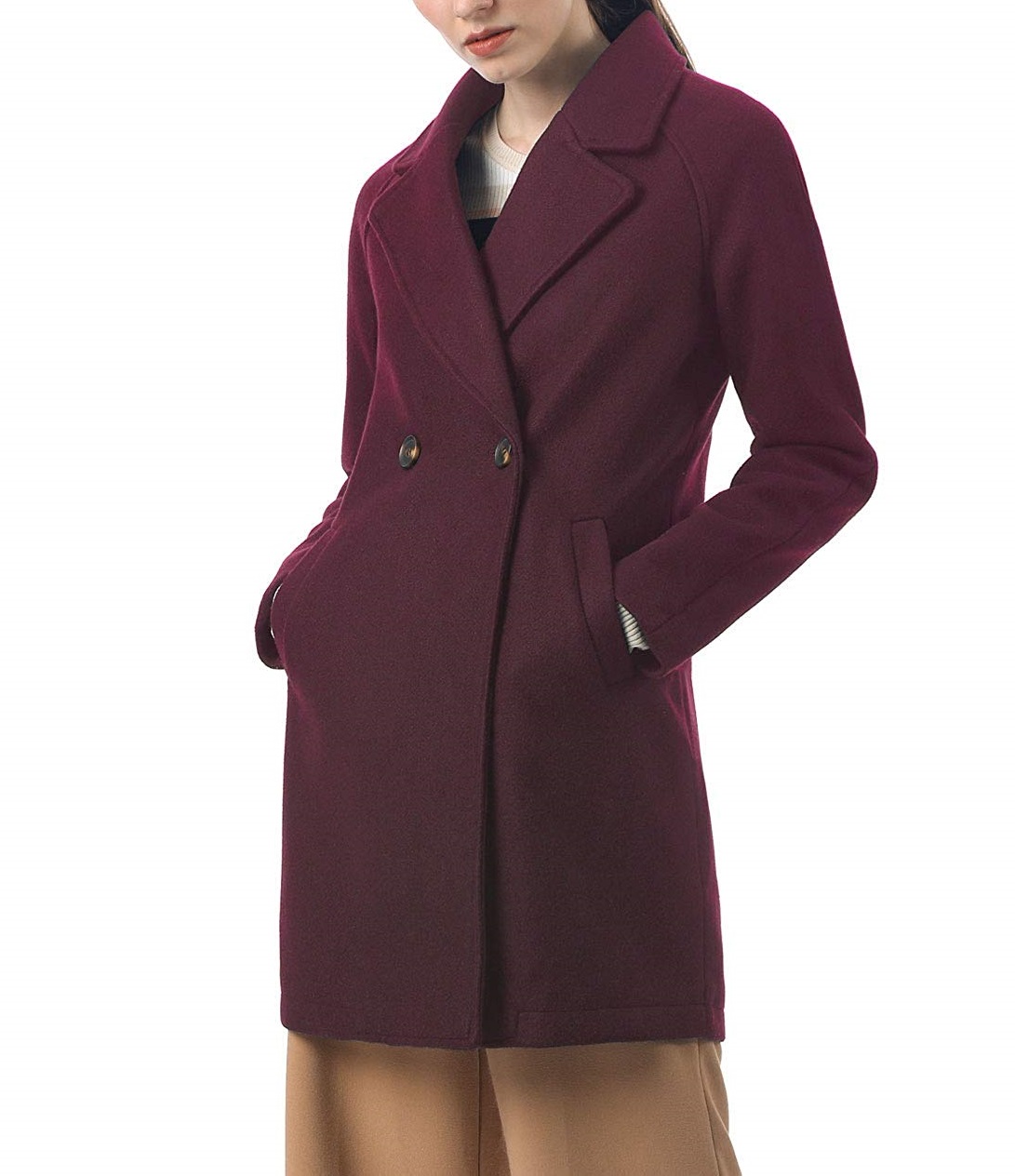 Women s Notched Double Breasted Burgundy Color Wool Coat Maker