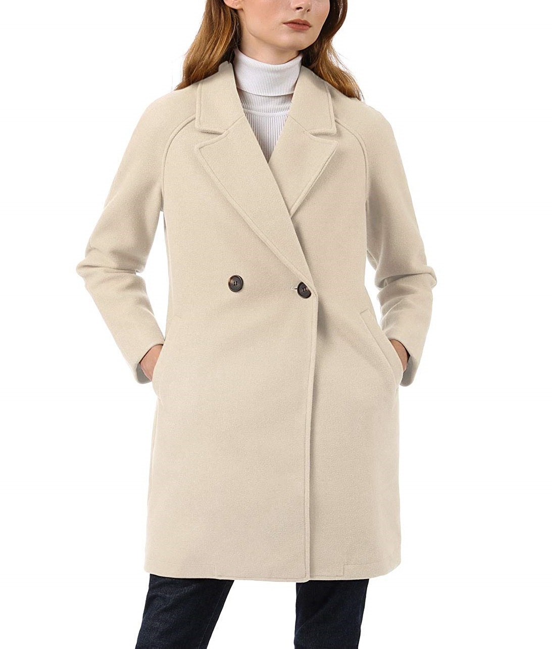 Women s Notched Double Breasted Cream White Color Wool Coat