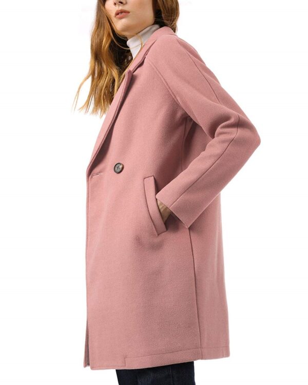 Women's Notched Double Breasted Rose Pink Color Wool Coat - Image 3