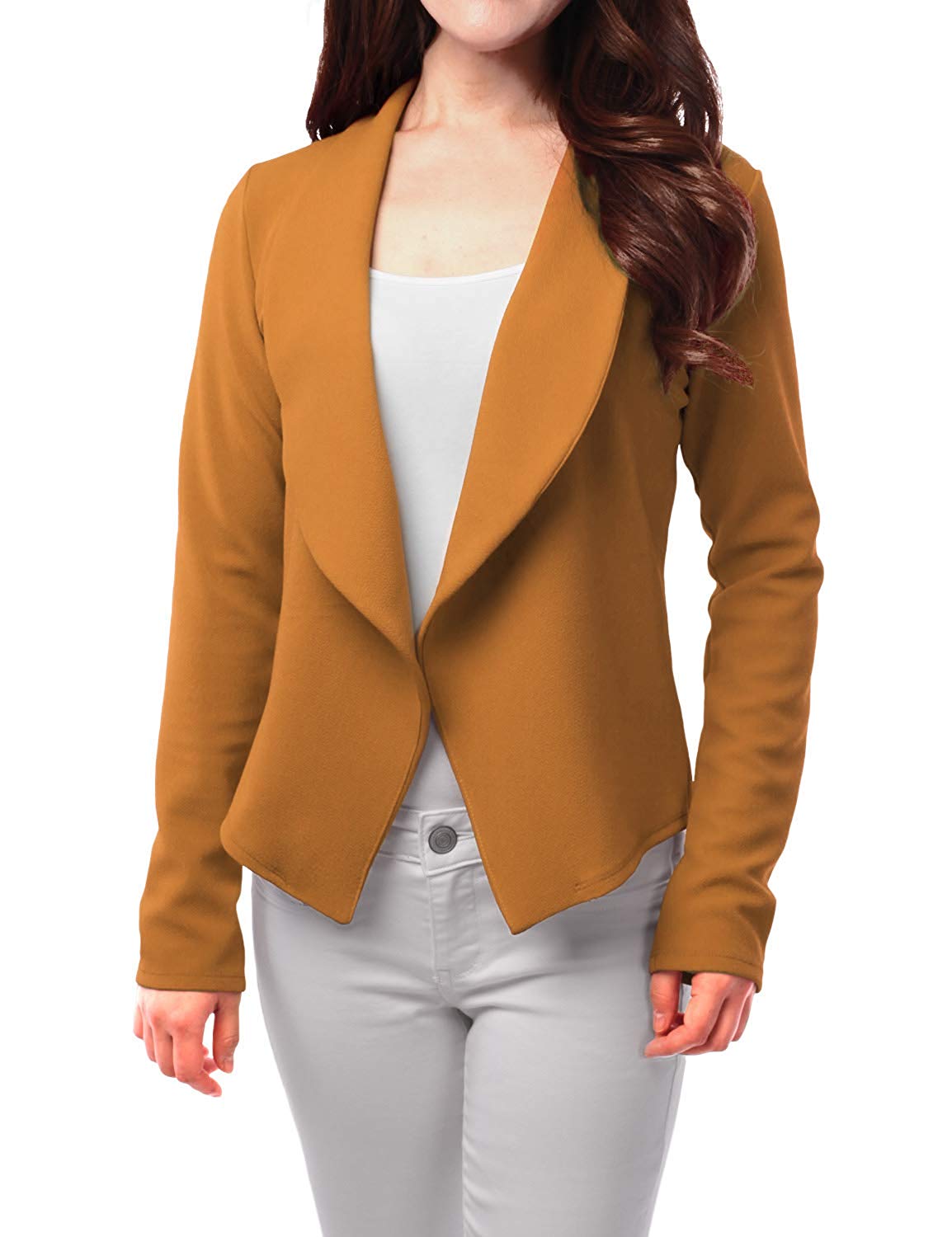 womens-open-front-mustard-blazer-jacket (1) Women's Open Front Mustard Blazer Jacket - Image 1
