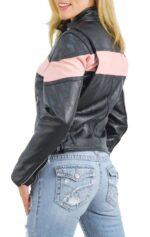 Side profile of women’s pink stripe biker jacket with bold shoulder fit