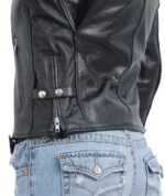 Back view of motorcycle leather jacket showing pink racing stripes
