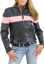 Model wearing pink striped leather jacket