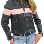 Front view of womens pink stripe motorcycle leather jacket with zip closure