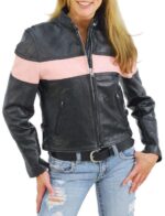 Front view of womens pink stripe motorcycle leather jacket with zip closure