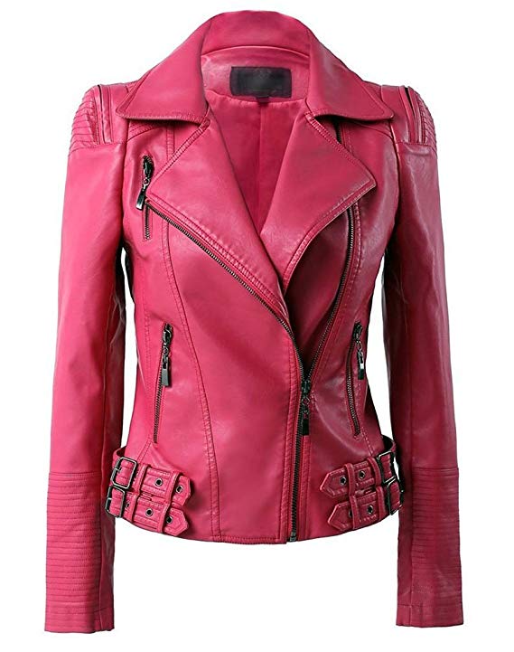 Womens pink zip-up moto biker jacket with silver hardware Womens pink zip-up moto biker jacket with silver hardware