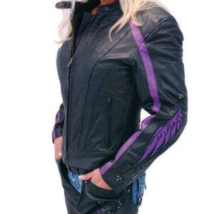 Woman wearing purple wings leather jacket