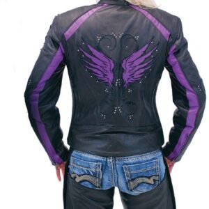 Back of Wing pattern detail on back of purple motorcycle jacket