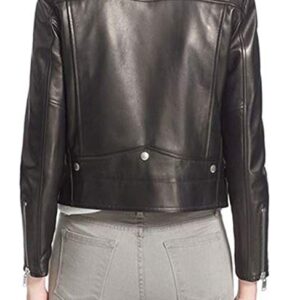 Back view of women's real leather biker jacket showing tailored cut and seams