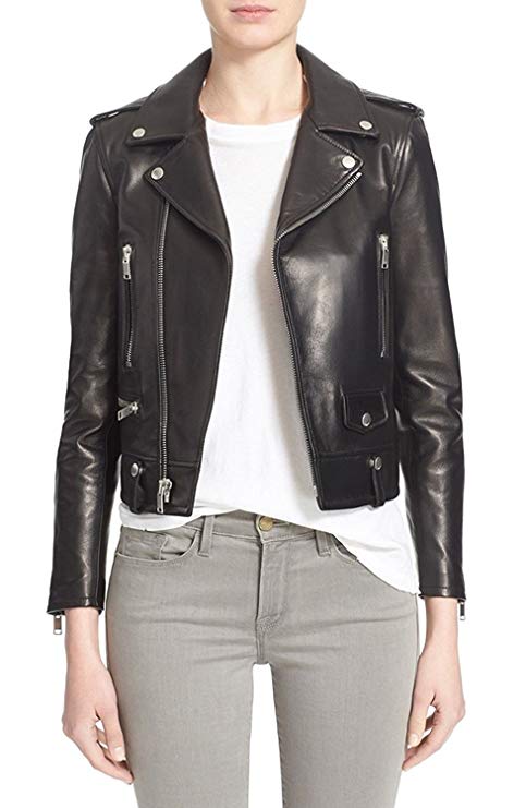 Women's real black leather biker jacket with asymmetrical zipper and lapel collar Women's real black leather biker jacket with asymmetrical zipper and lapel collar