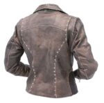 Back of Rider wearing rivet trim leather biker jacket